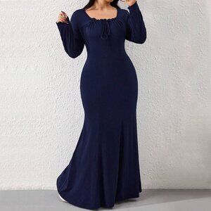 Dark Blue Elegant Maxi Dress – Long Sleeve Slim Fit High Waist Evening Gown